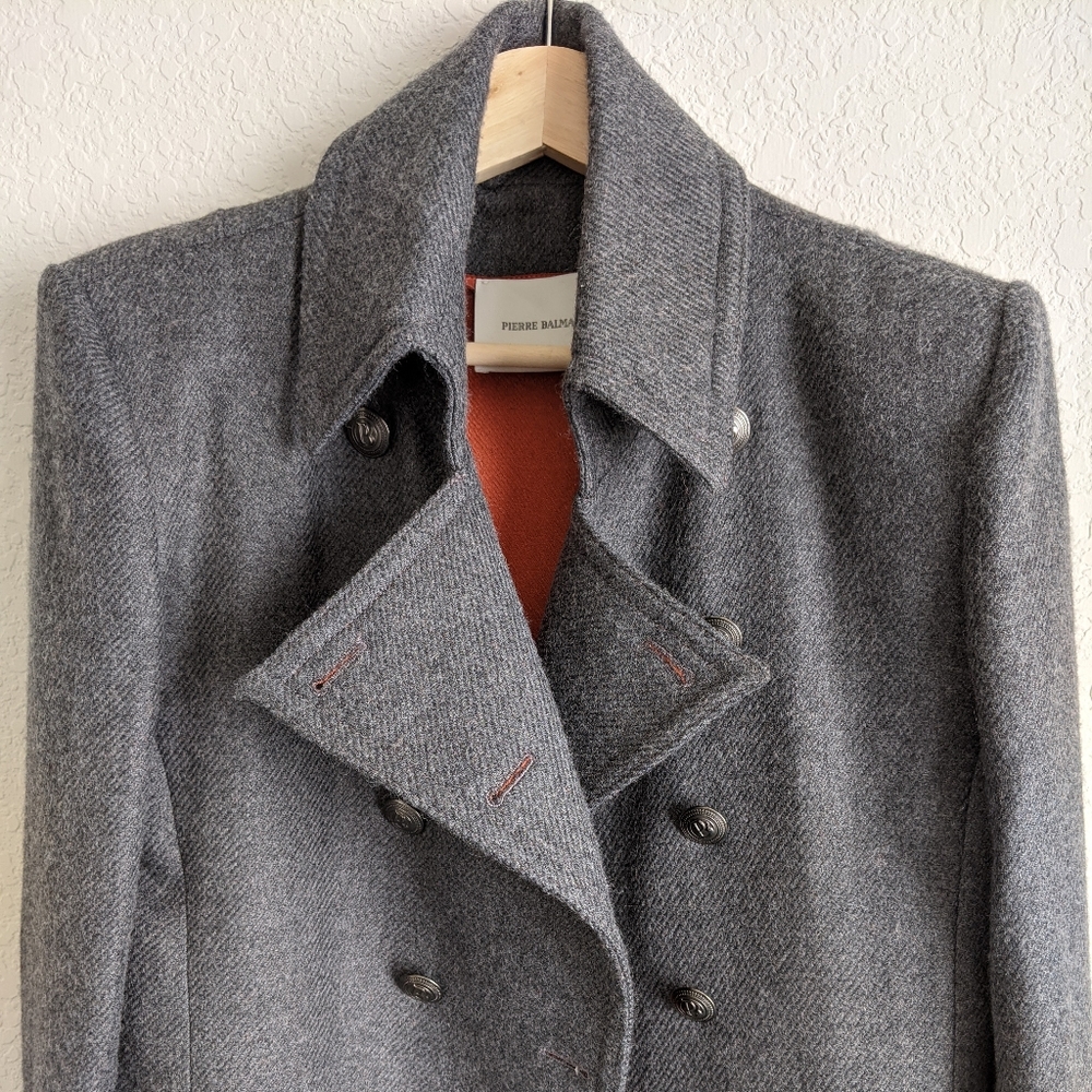 Pierre Balmain Grey Double Breasted Twill Coat 38 - Picture 9 of 14